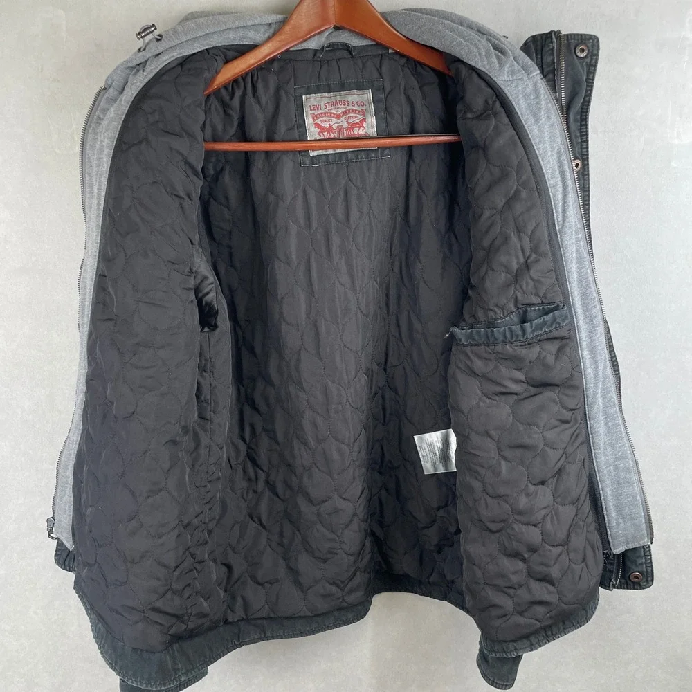 Levi Strauss & Co Black Field Jacket Removable Hood Quilted Military Work Coat M
